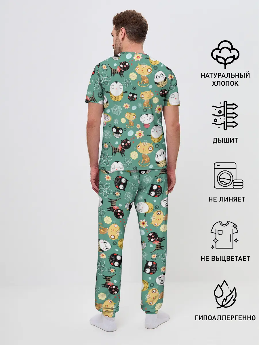 Мужская пижама с брюками / Совы и котики