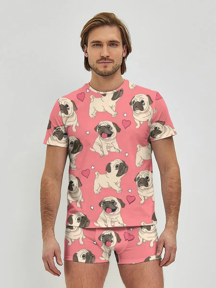 Мужские трусы с футболкой / Мопсики и Сердечки