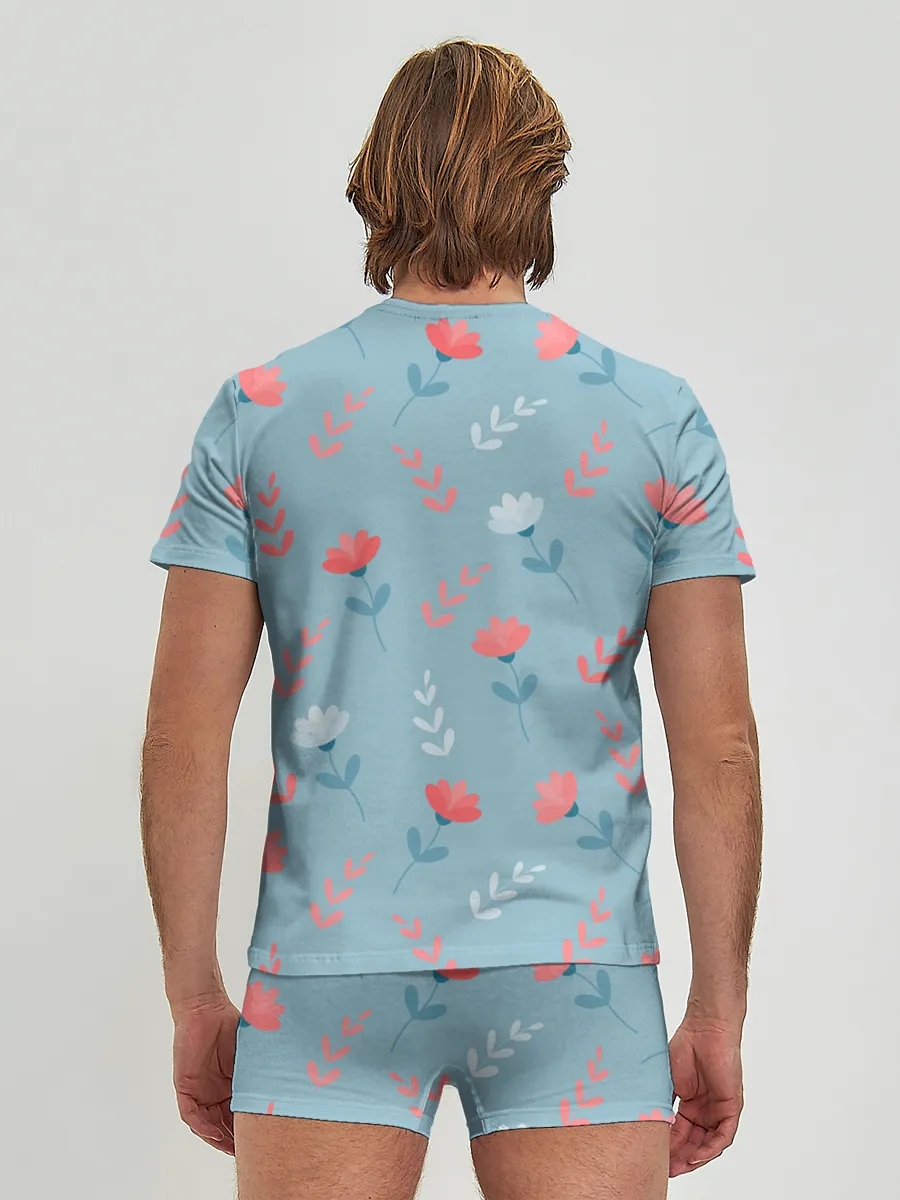 Мужские трусы с футболкой / Цветочки и листики на голубом