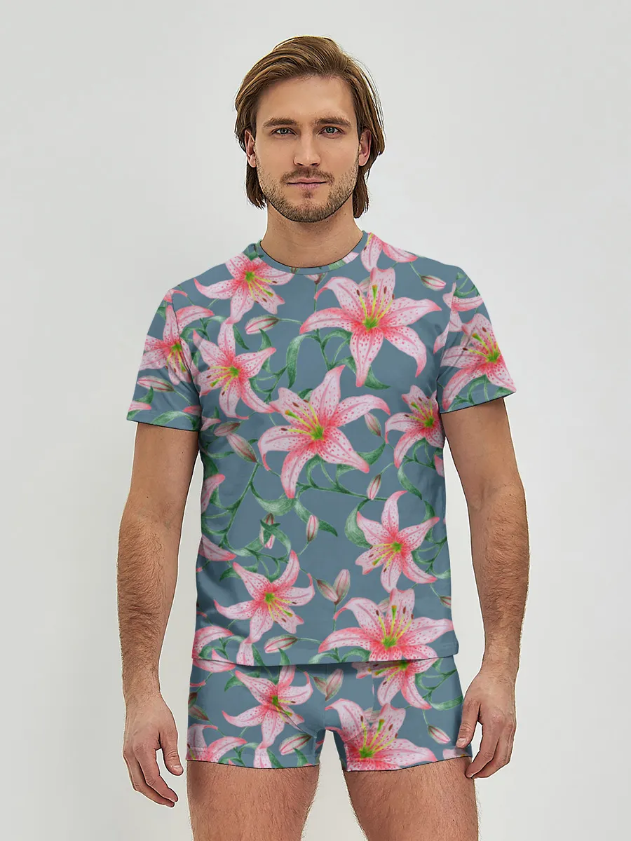 Мужские трусы с футболкой / Лилии на сером фоне