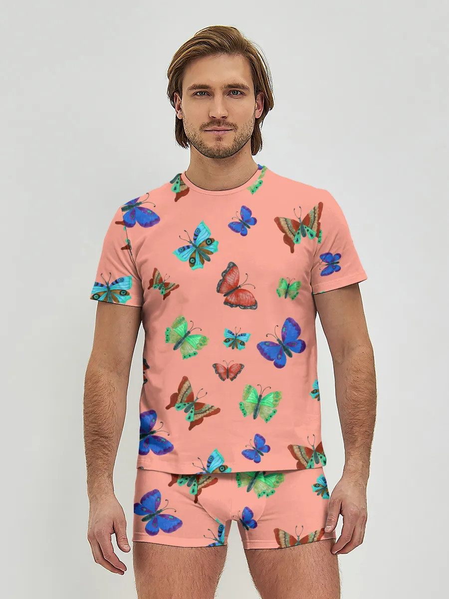 Мужские трусы с футболкой / Бабочки на персиковом фоне