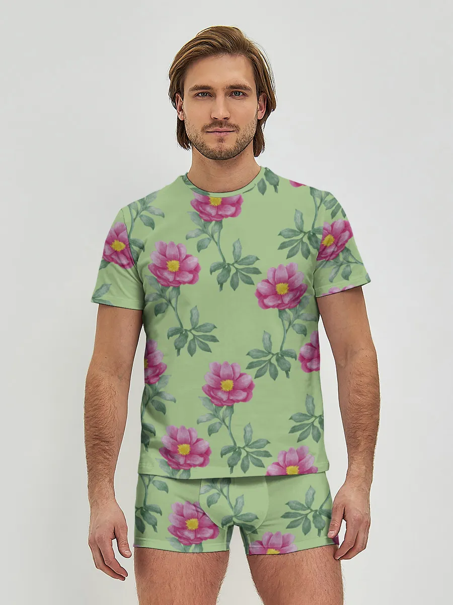 Мужские трусы с футболкой / Пионы на светло зеленом фоне