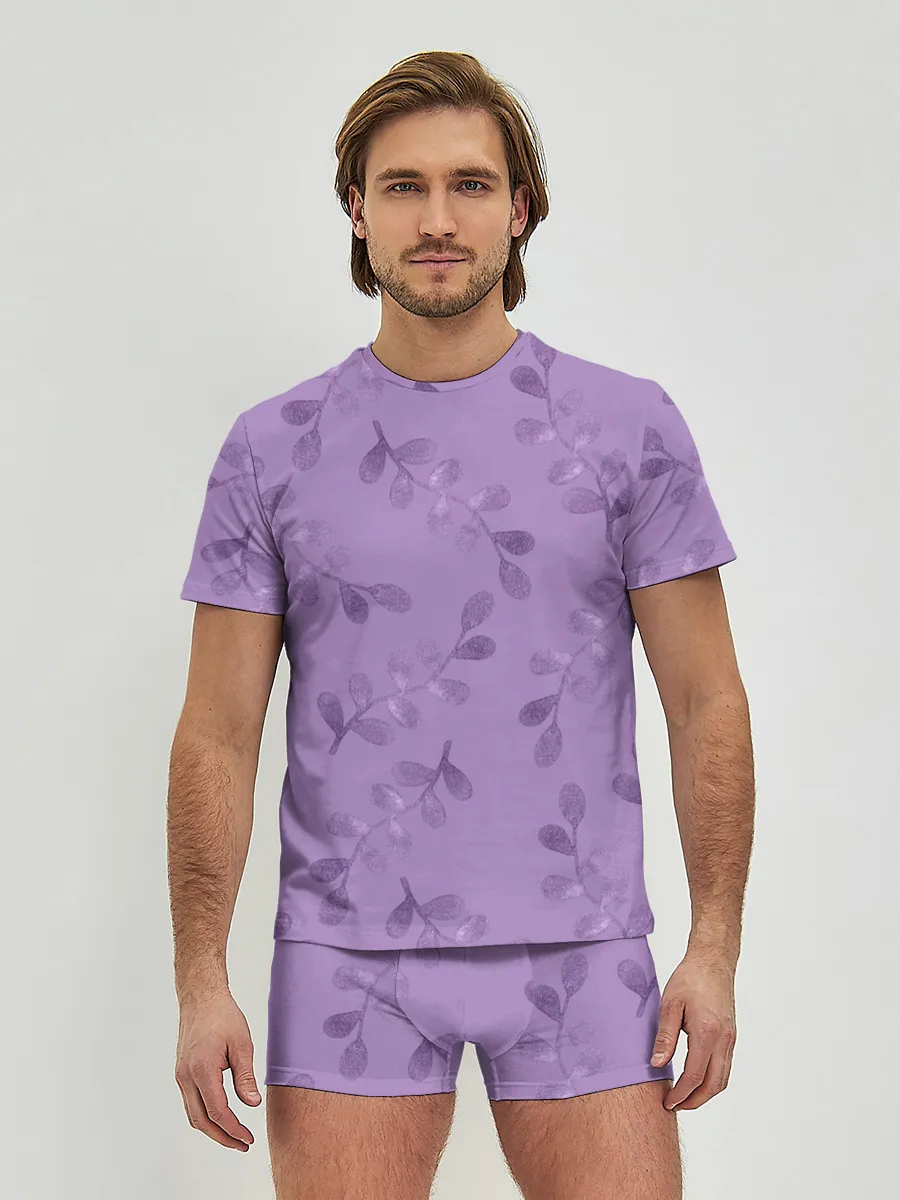 Мужские трусы с футболкой / Листья на фиолетовом фоне