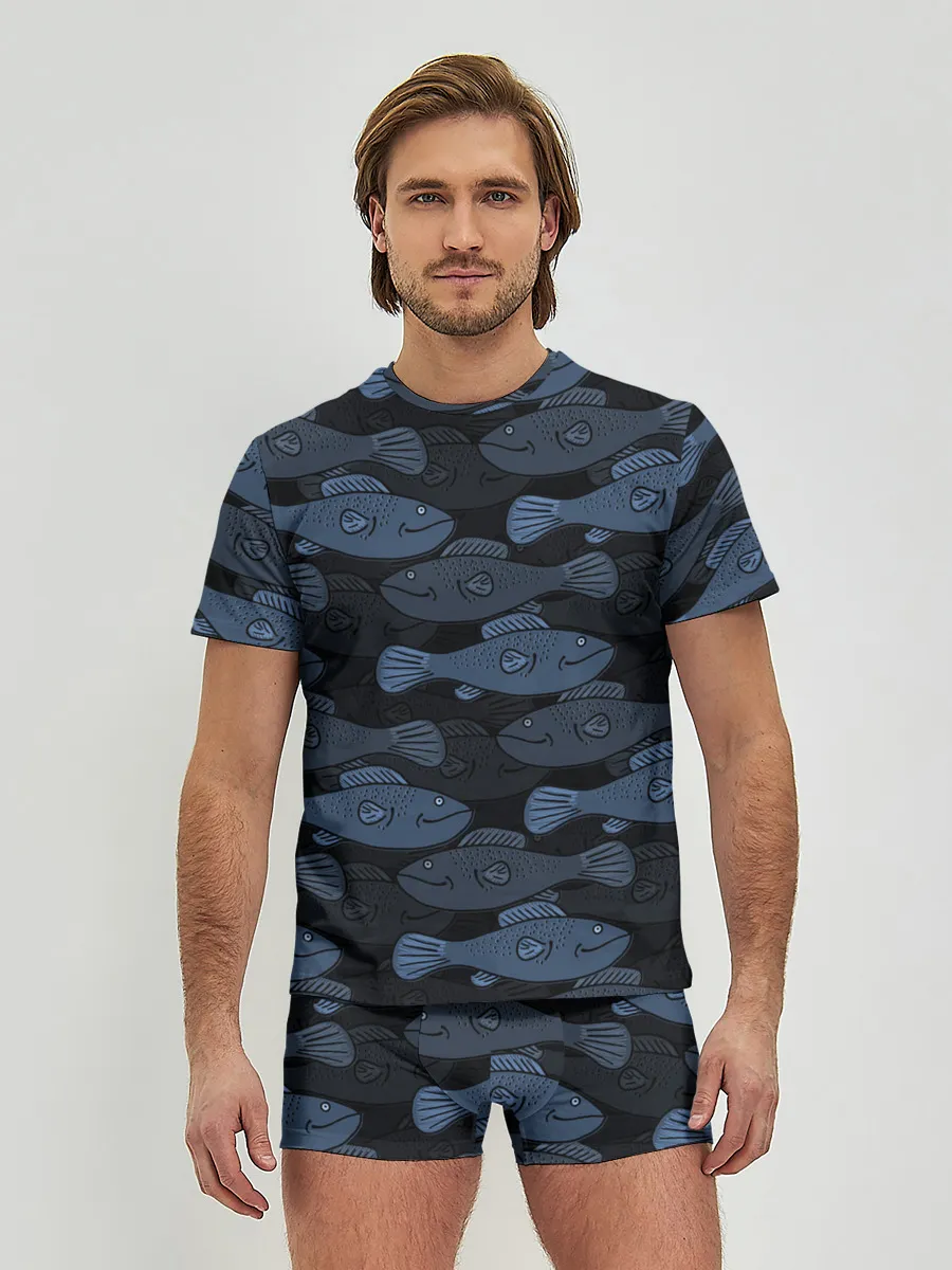 Мужские трусы с футболкой / Синие рыбы на темном фоне