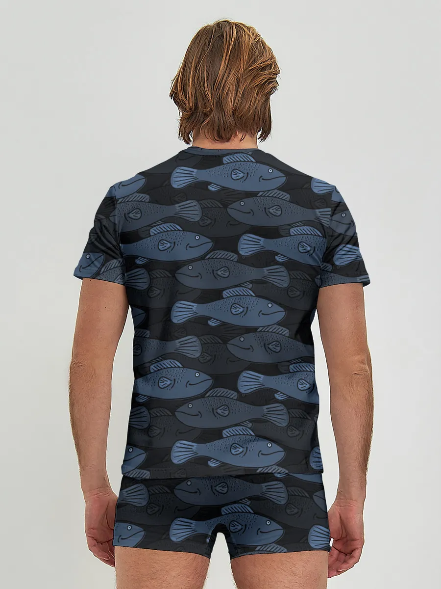 Мужские трусы с футболкой / Синие рыбы на темном фоне