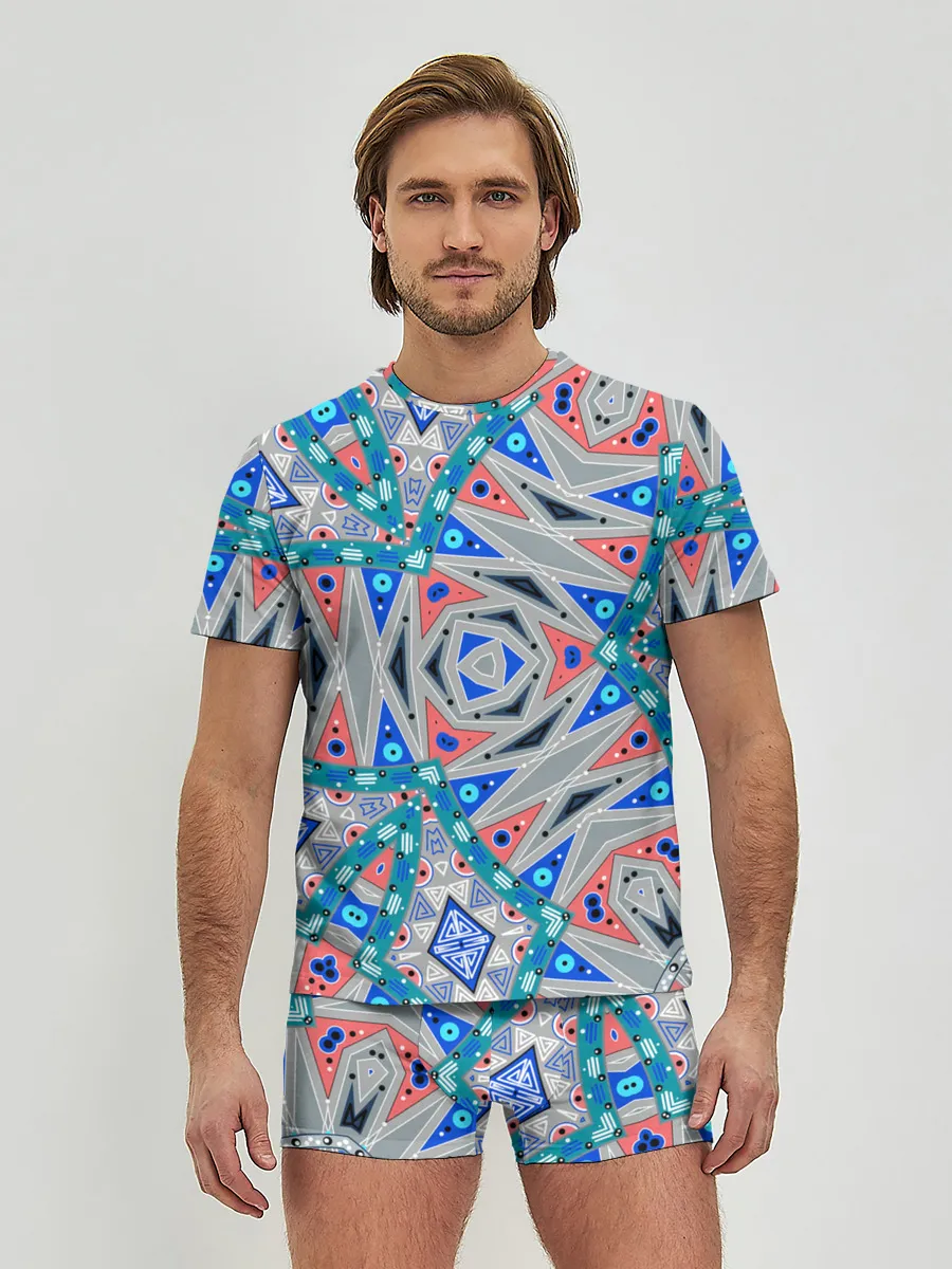 Мужские трусы с футболкой / Серо-синий абстрактный узор