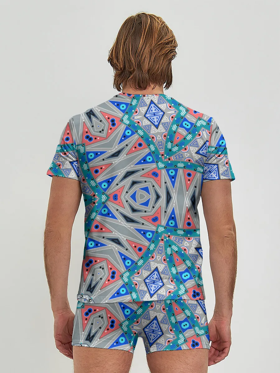 Мужские трусы с футболкой / Серо-синий абстрактный узор