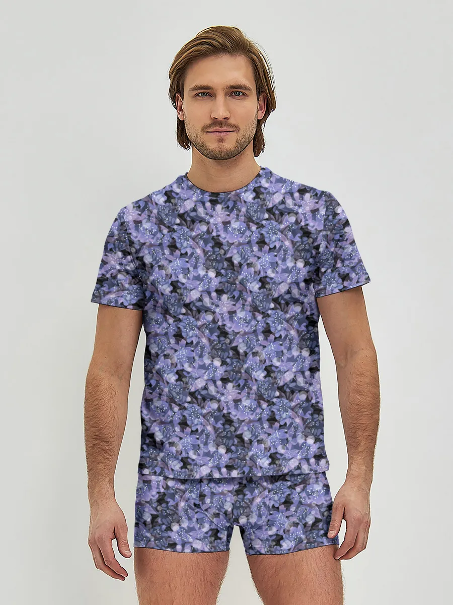 Мужские трусы с футболкой / Сине-фиолетовый цветочный узор