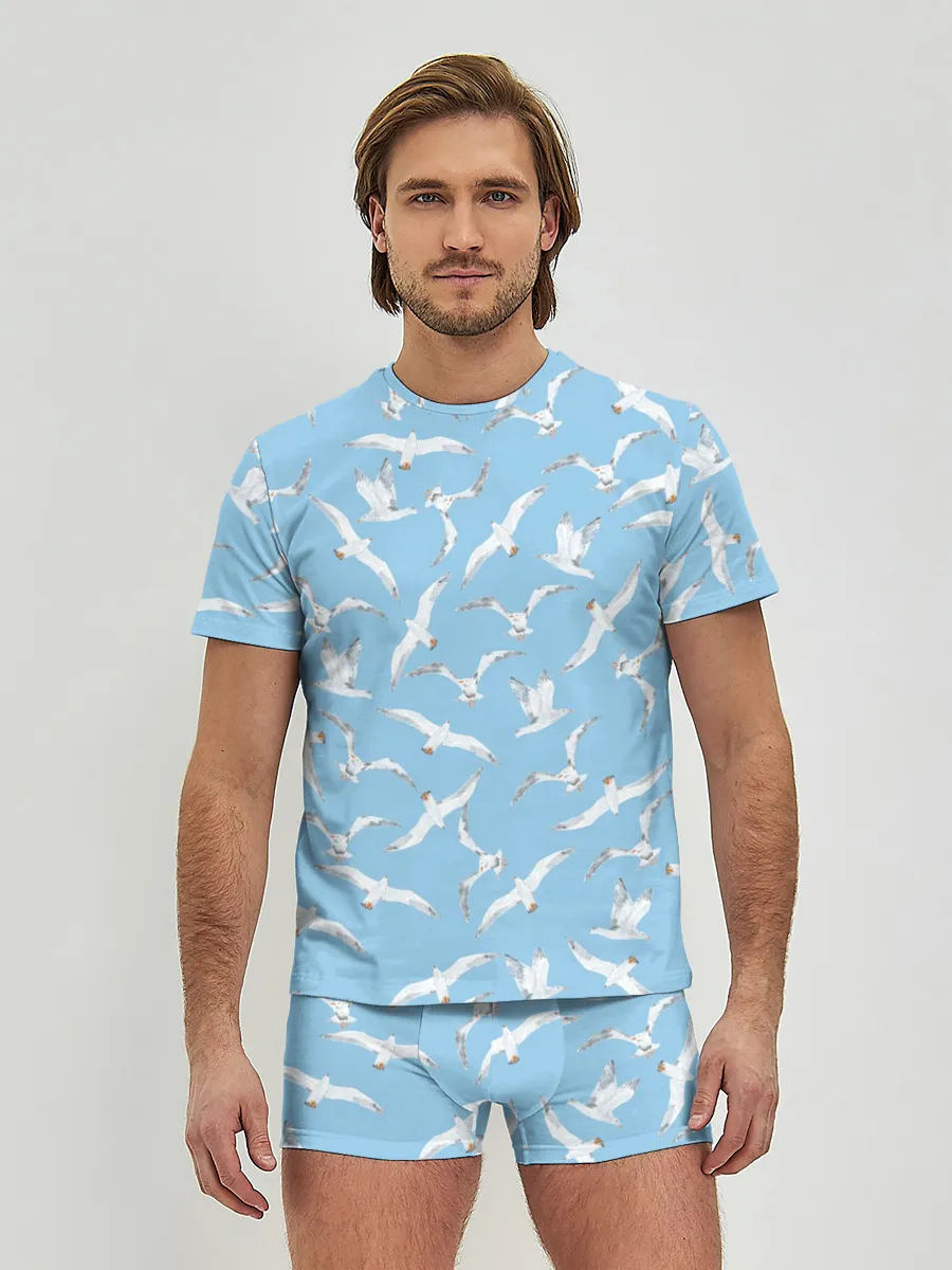 Мужские трусы с футболкой / Чайки в небе паттерн