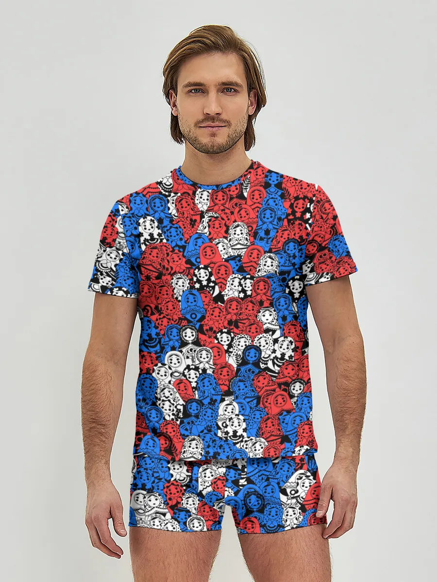 Мужские трусы с футболкой / Бело-сине-красные матрёшки