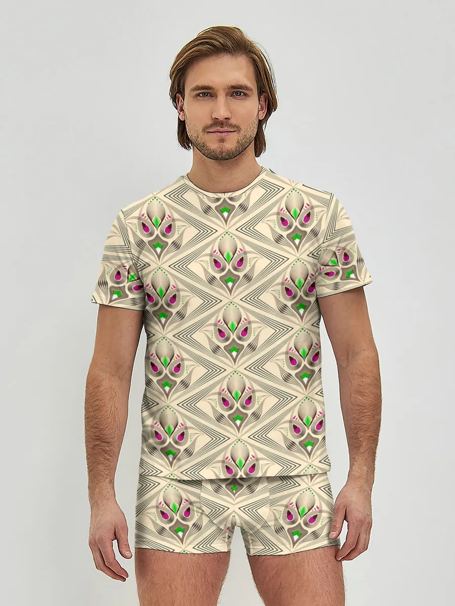 Мужские трусы с футболкой / Арт деко на бежевом фоне