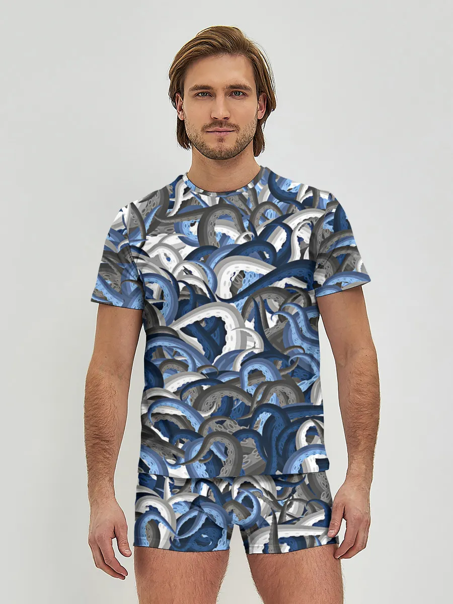 Мужские трусы с футболкой / Синий камуфляж с щупальцами