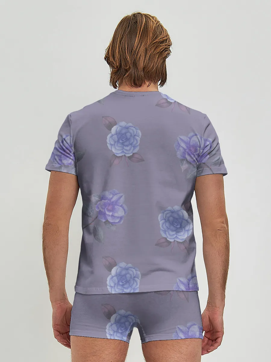 Мужские трусы с футболкой / Голубые камелии на сером