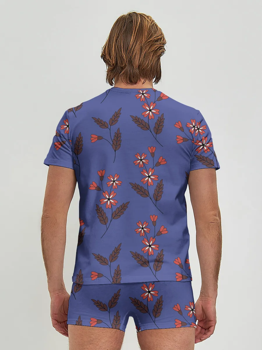 Мужские трусы с футболкой / Цветы на синем фоне