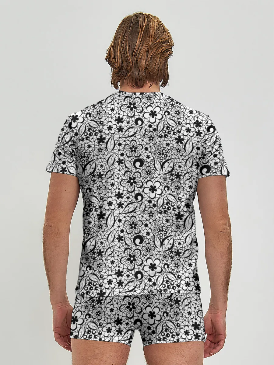 Мужские трусы с футболкой / Черное кружево цветочное