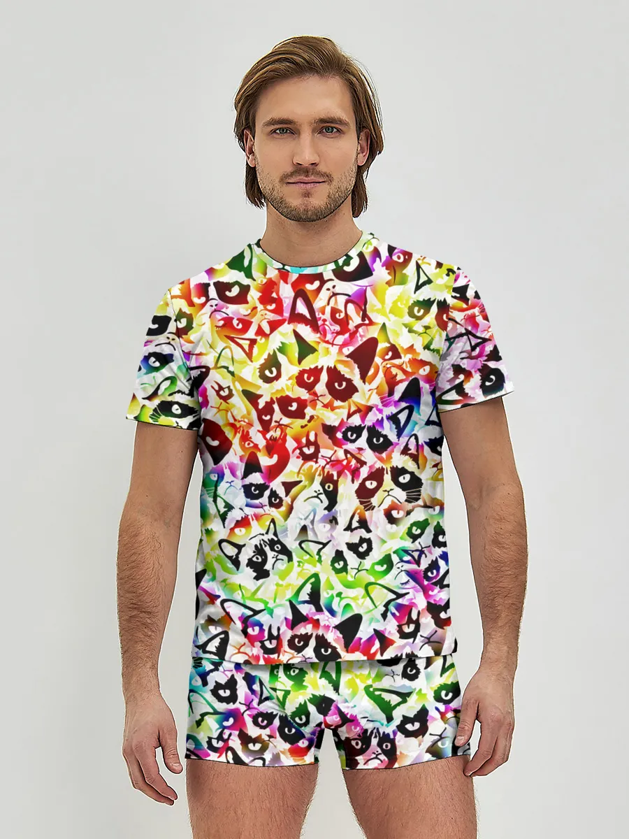 Мужские трусы с футболкой / Веселый узор из грустных котов