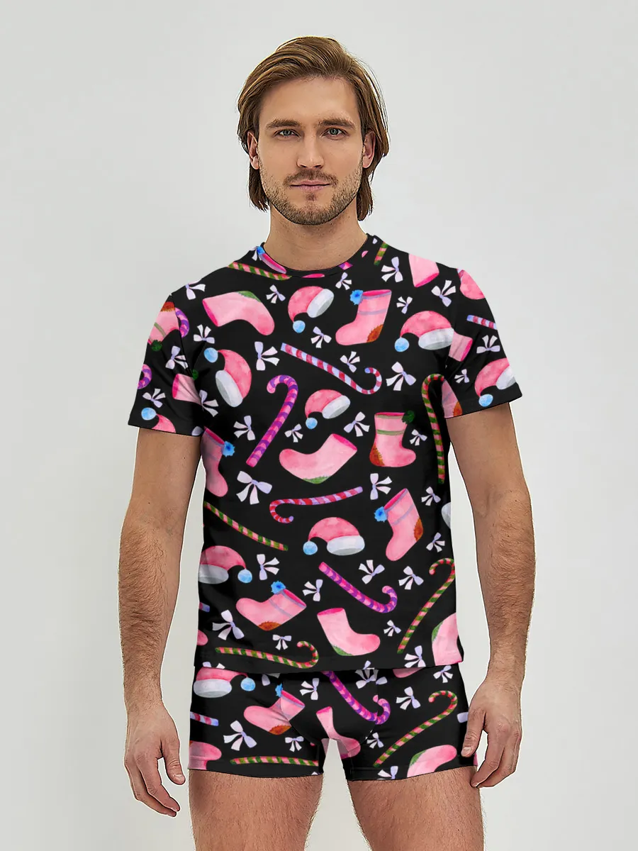 Мужские трусы с футболкой / Новогодняя ночь, акварельный узор