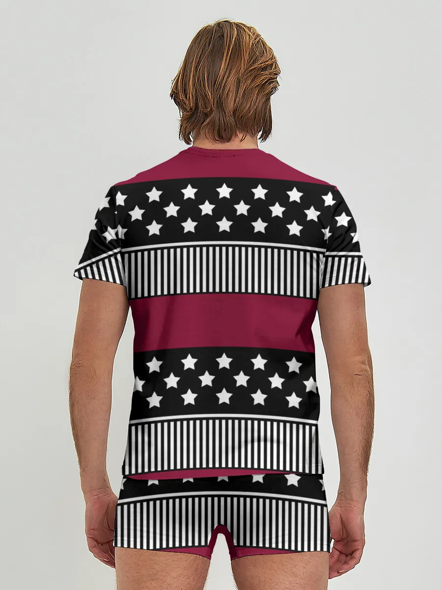 Мужские трусы с футболкой / Бордово-черный узор полосатый