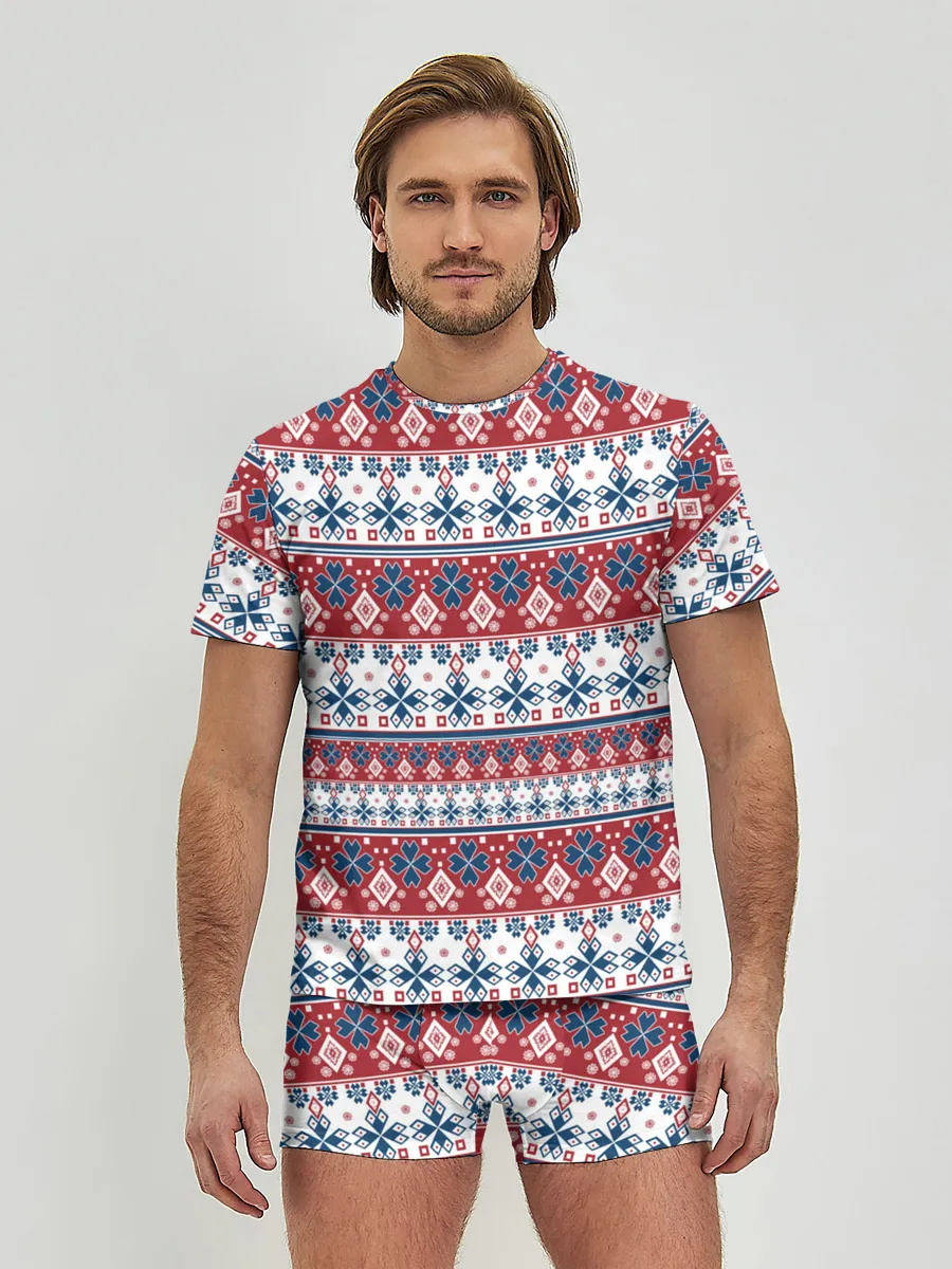 Мужские трусы с футболкой / Этнический красно-синий узор
