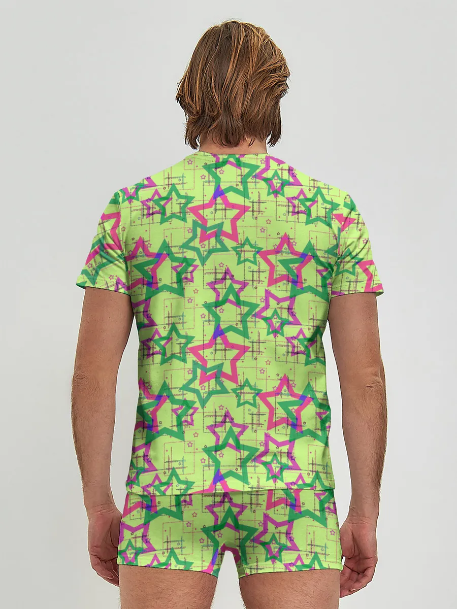 Мужские трусы с футболкой / Зеленый узор Звезды