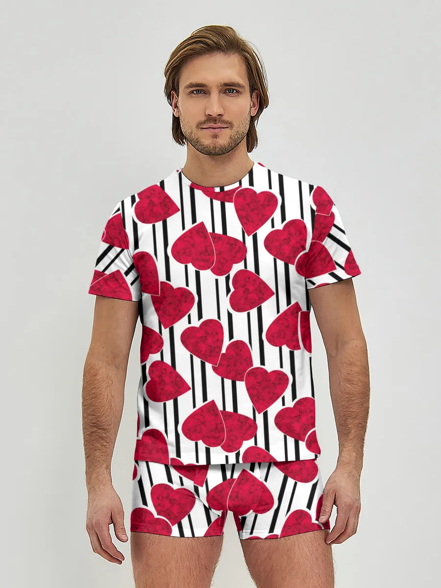 Мужские трусы с футболкой / Полосатый узор сердце