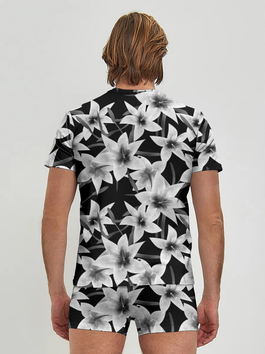 Мужские трусы с футболкой / Лилии черно-белые