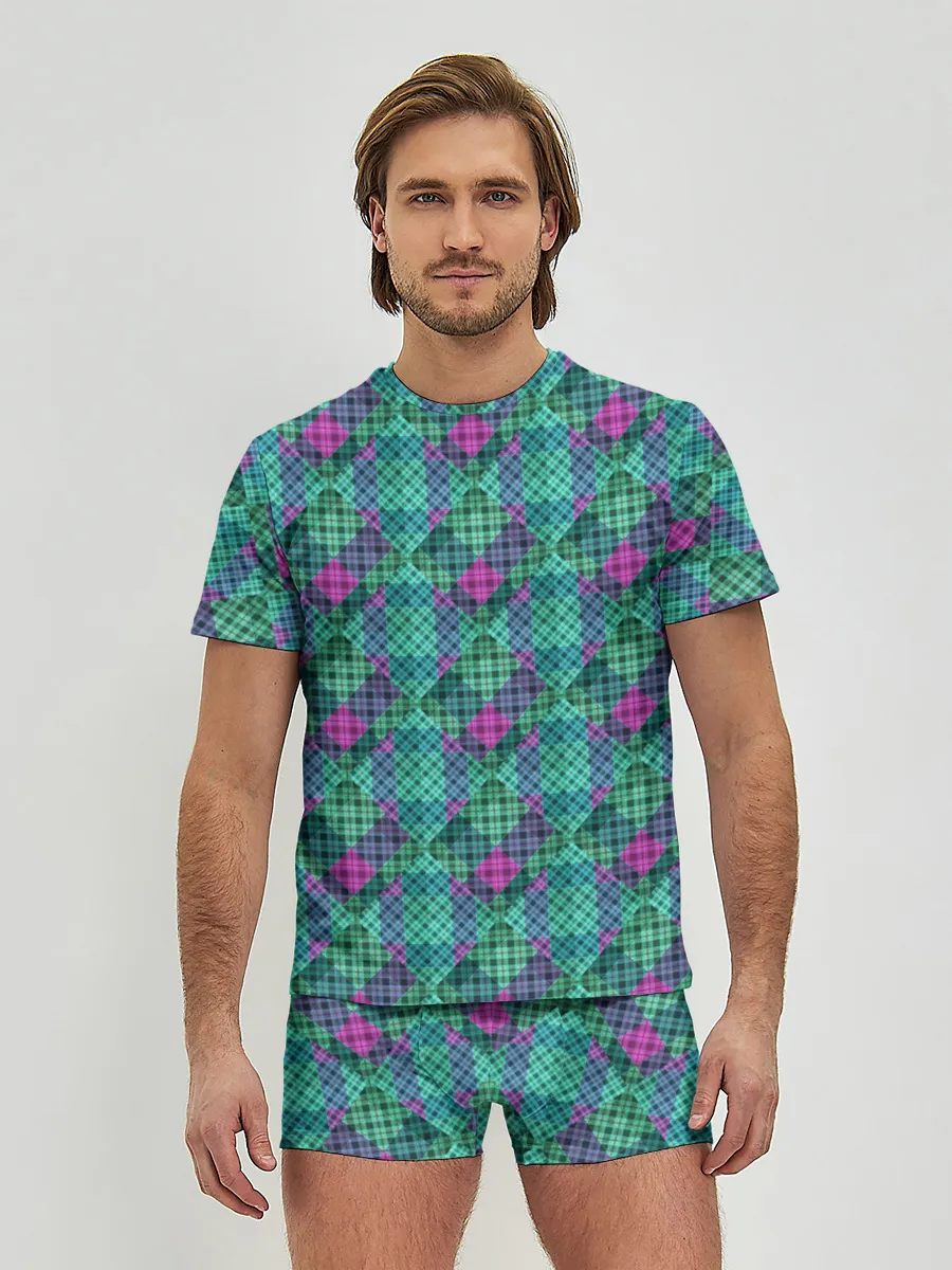 Мужские трусы с футболкой / Бирюзовый клетчатый узор