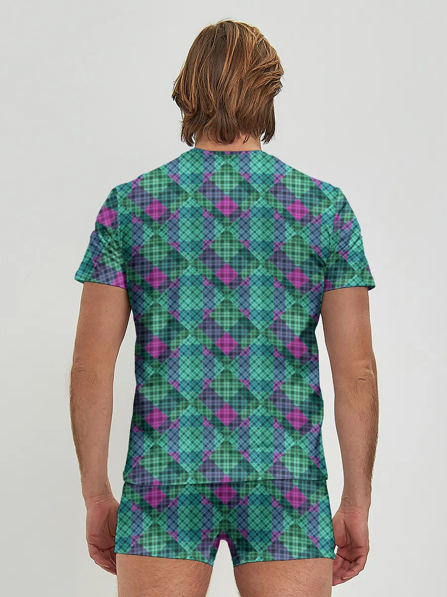 Мужские трусы с футболкой / Бирюзовый клетчатый узор