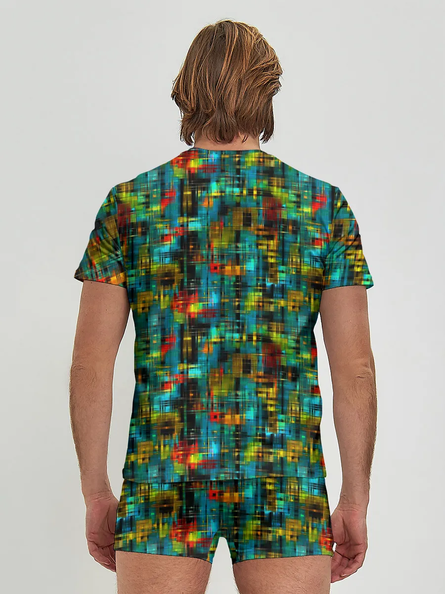 Мужские трусы с футболкой / Разноцветные штрихи на бирюзе