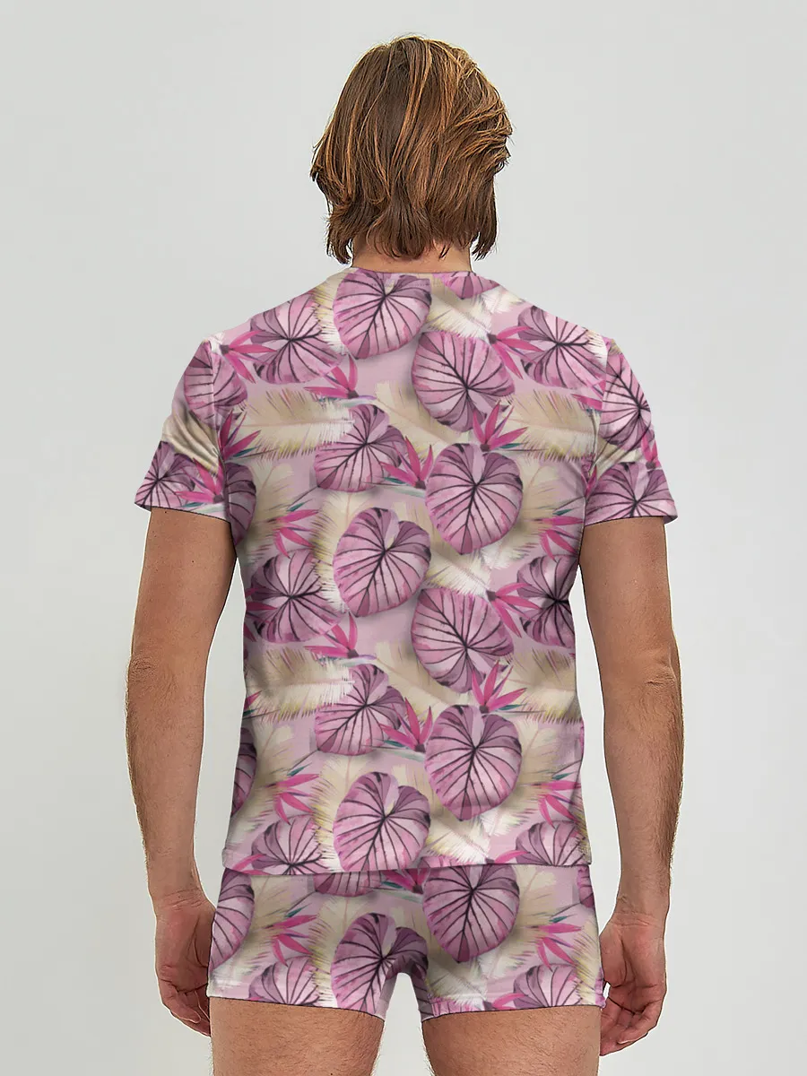 Мужские трусы с футболкой / Розовый тропический узор