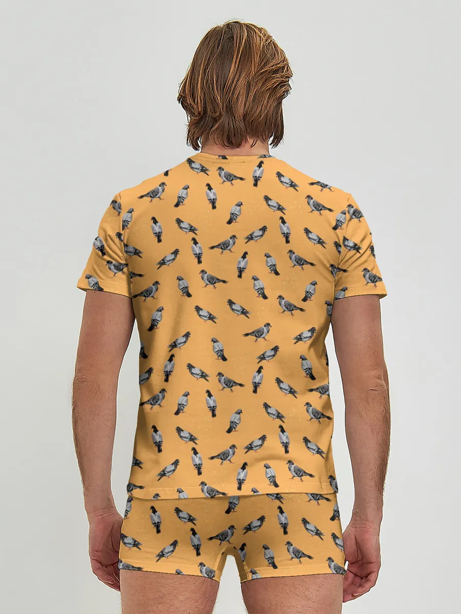 Мужские трусы с футболкой / Голуби паттерн на желтом