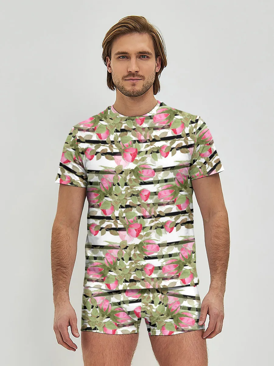 Мужские трусы с футболкой / Акварельные розы на полосатом