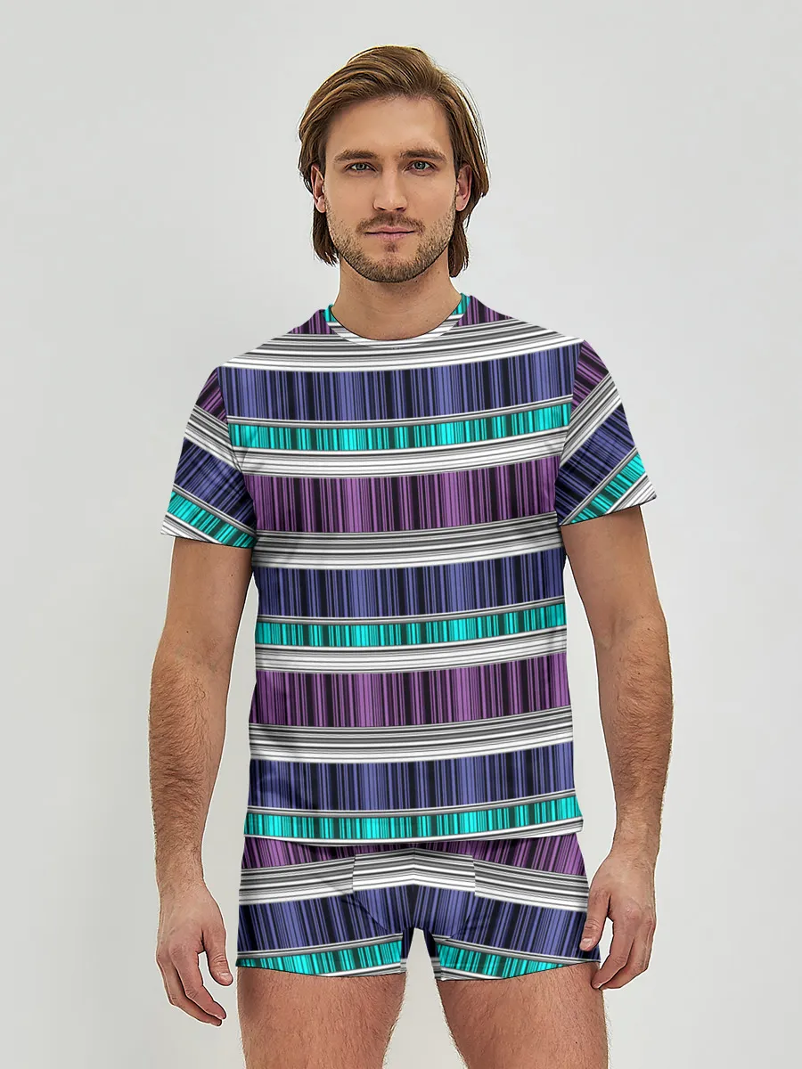 Мужские трусы с футболкой / Бирюзово-сиреневый полосатый
