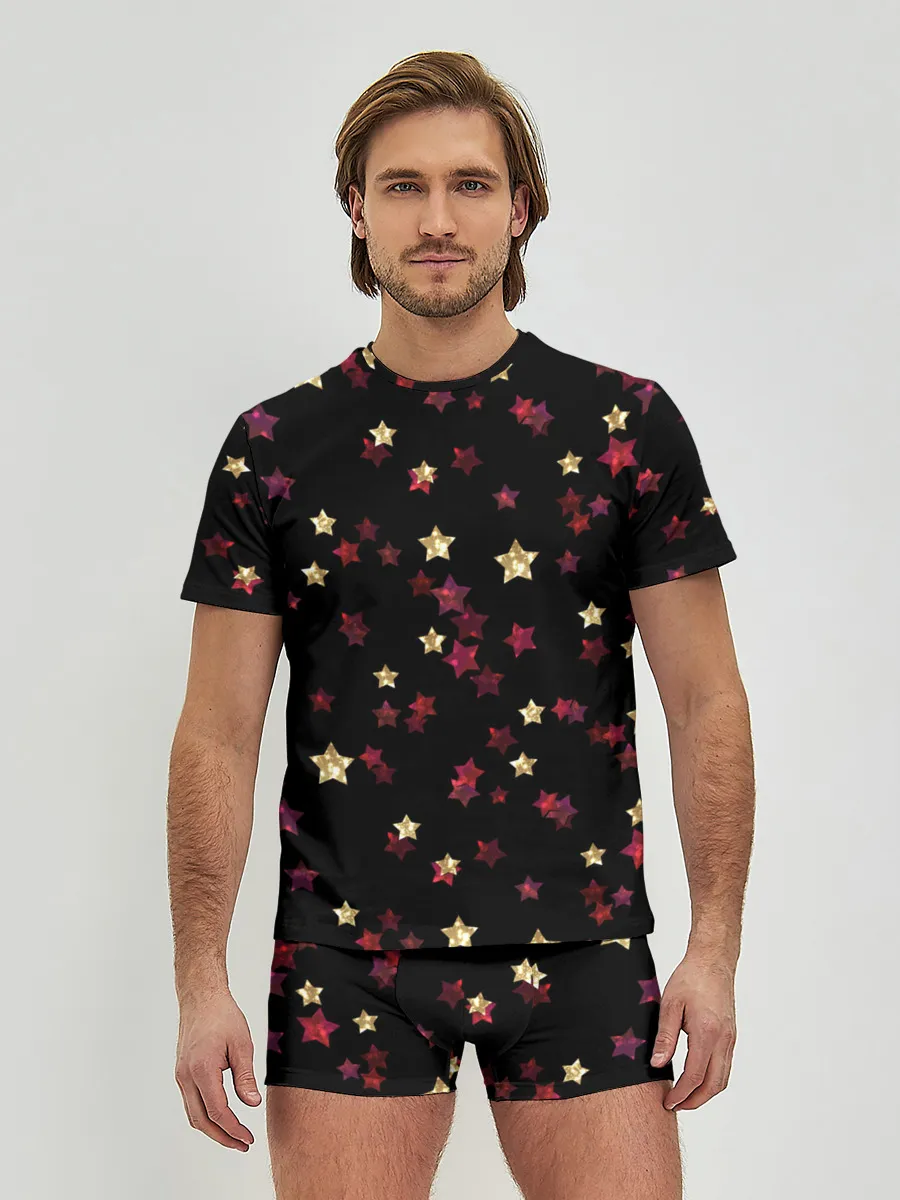 Мужские трусы с футболкой / Блестящие звезды на черном