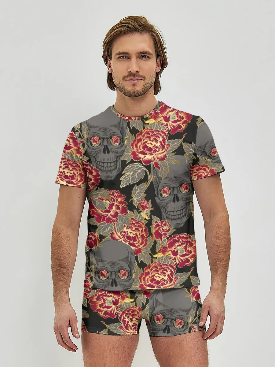 Мужские трусы с футболкой / Черепа и розы