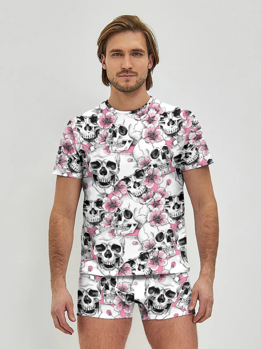 Мужские трусы с футболкой / Черепа в цветах