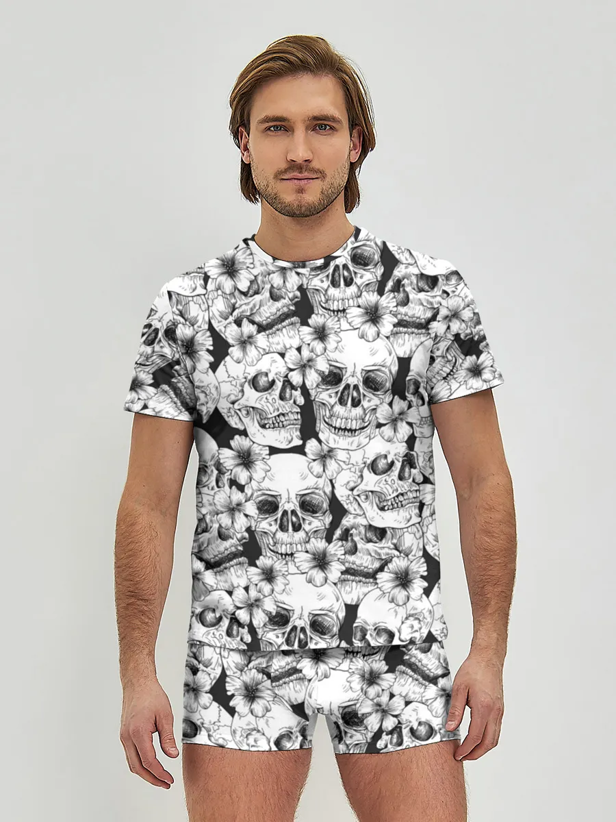 Мужские трусы с футболкой / Черепа в цветах