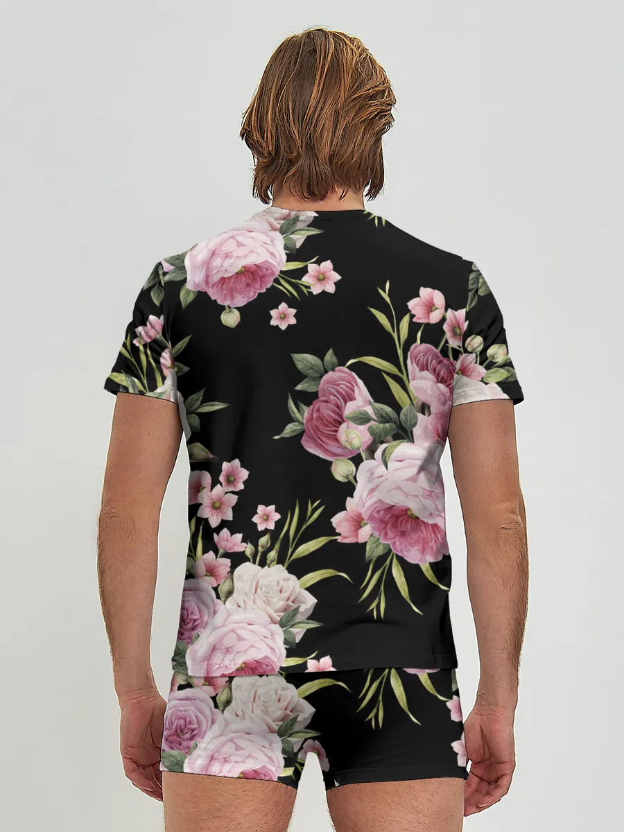 Мужские трусы с футболкой / Пионы на Чёрном