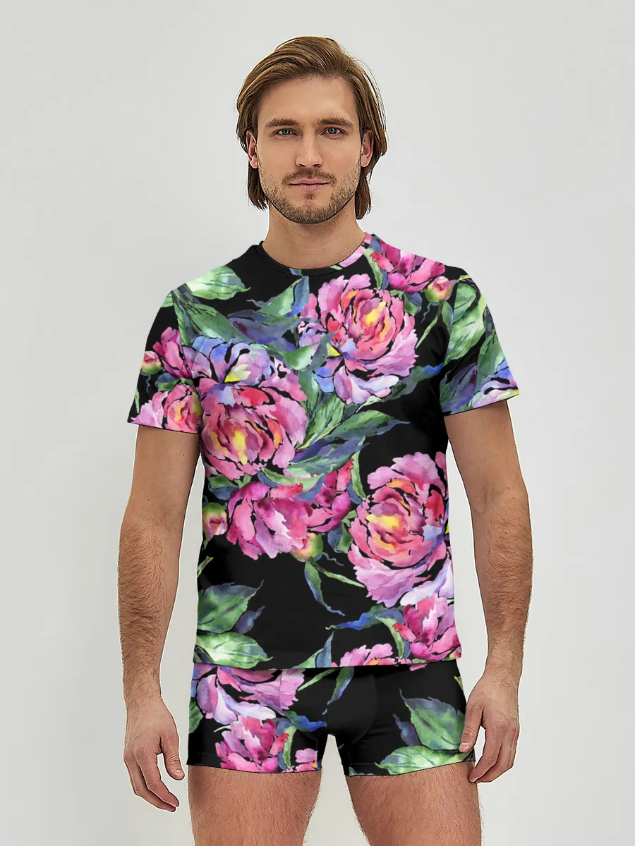 Мужские трусы с футболкой / Розовые пионы