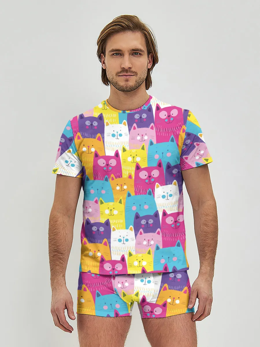Мужские трусы с футболкой / Разноцветные котики
