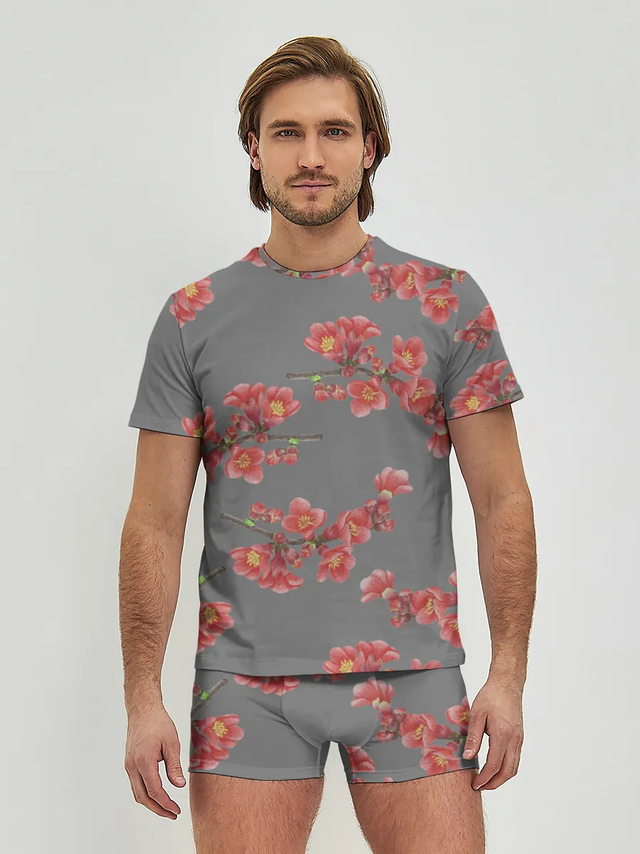 Мужские трусы с футболкой / Цветы айвы на сером фоне