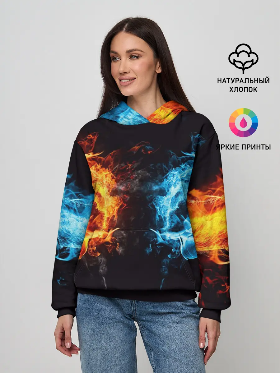 Женское худи / Абстракция,Инь-Ян,Огонь,Вода
