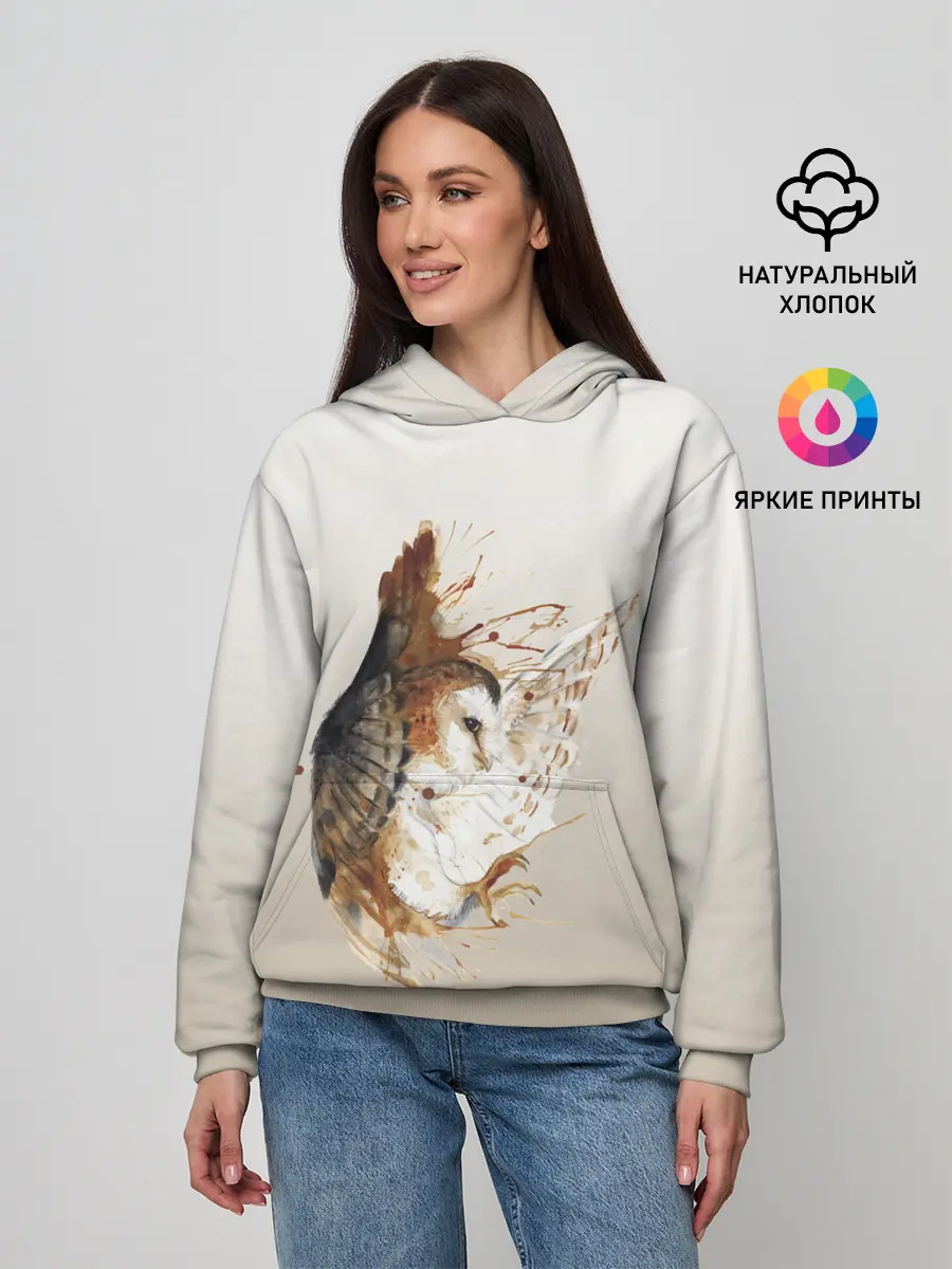 Женское худи / летящая сова рисунок