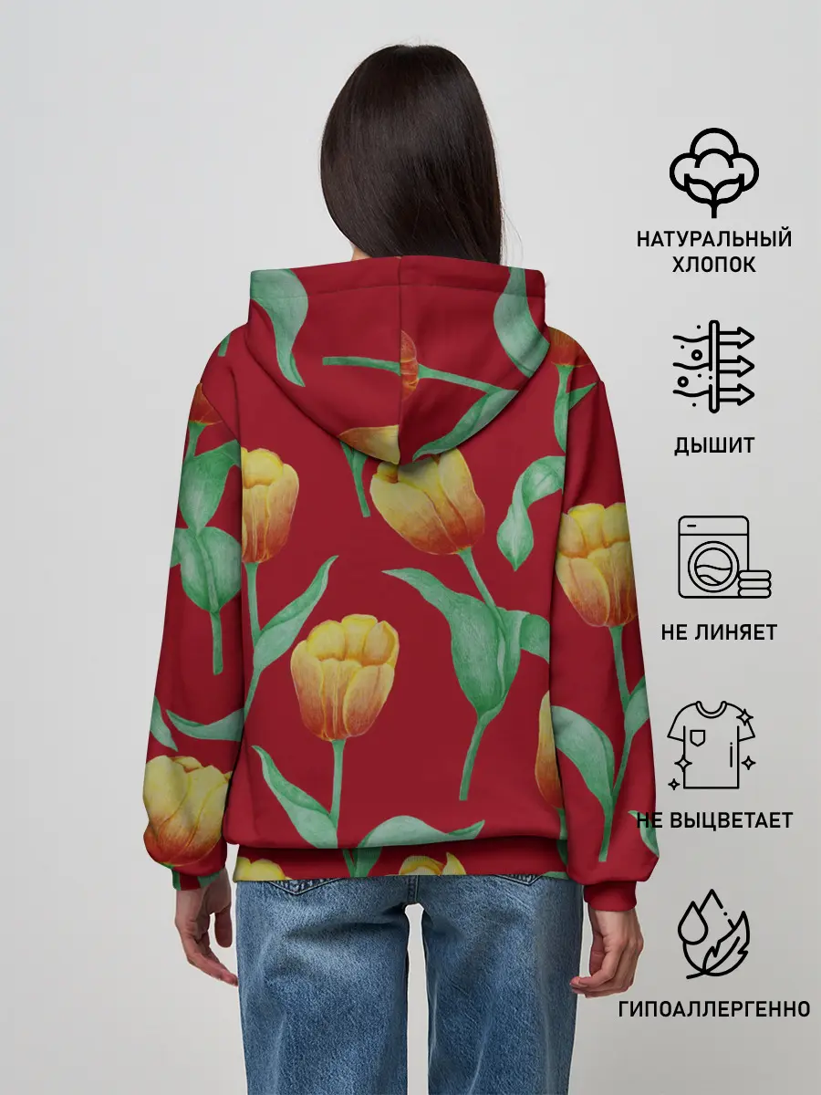 Женское худи / Тюльпаны на красном фоне