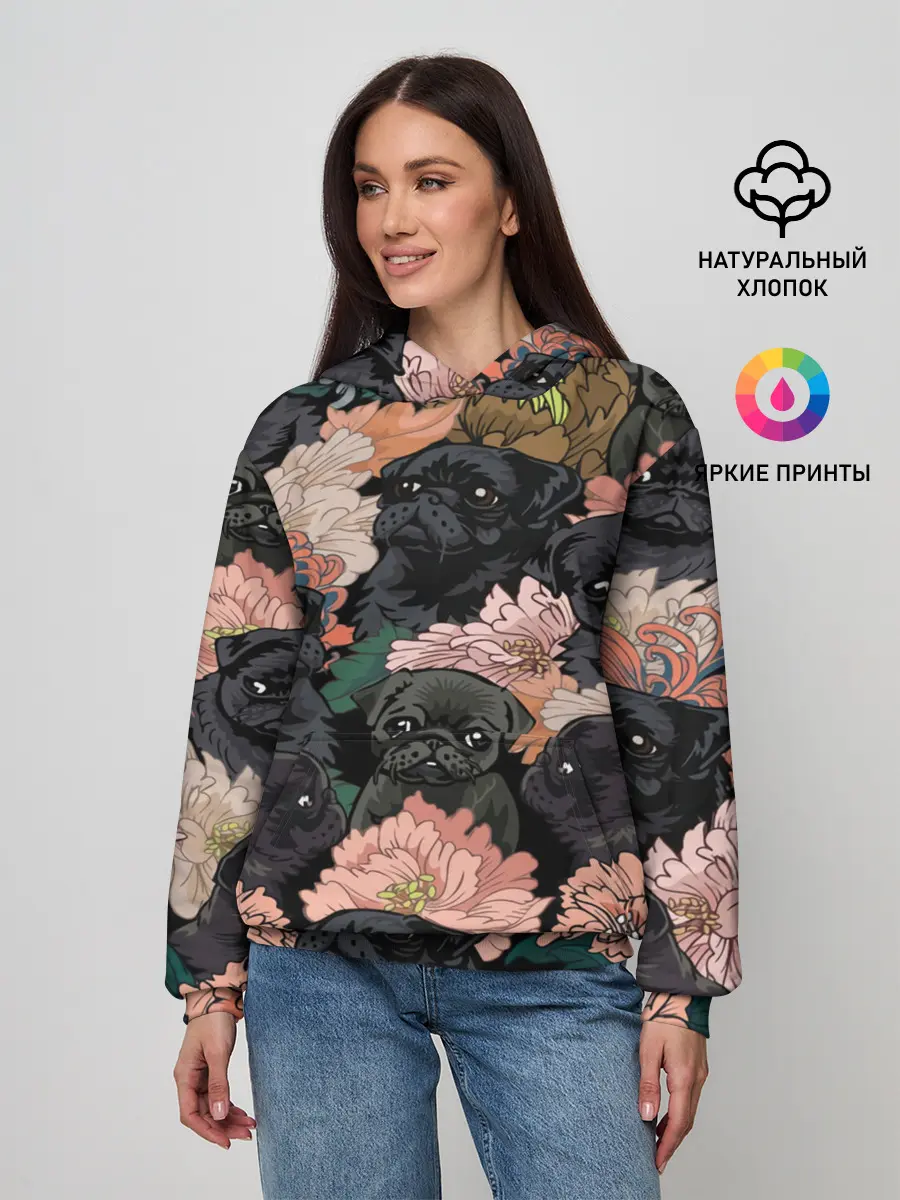 Женское худи / Мопсы и Цветы