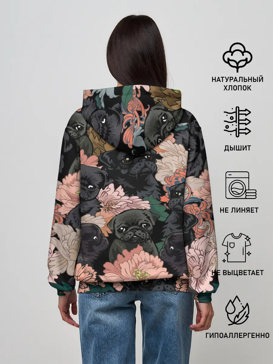 Женское худи / Мопсы и Цветы
