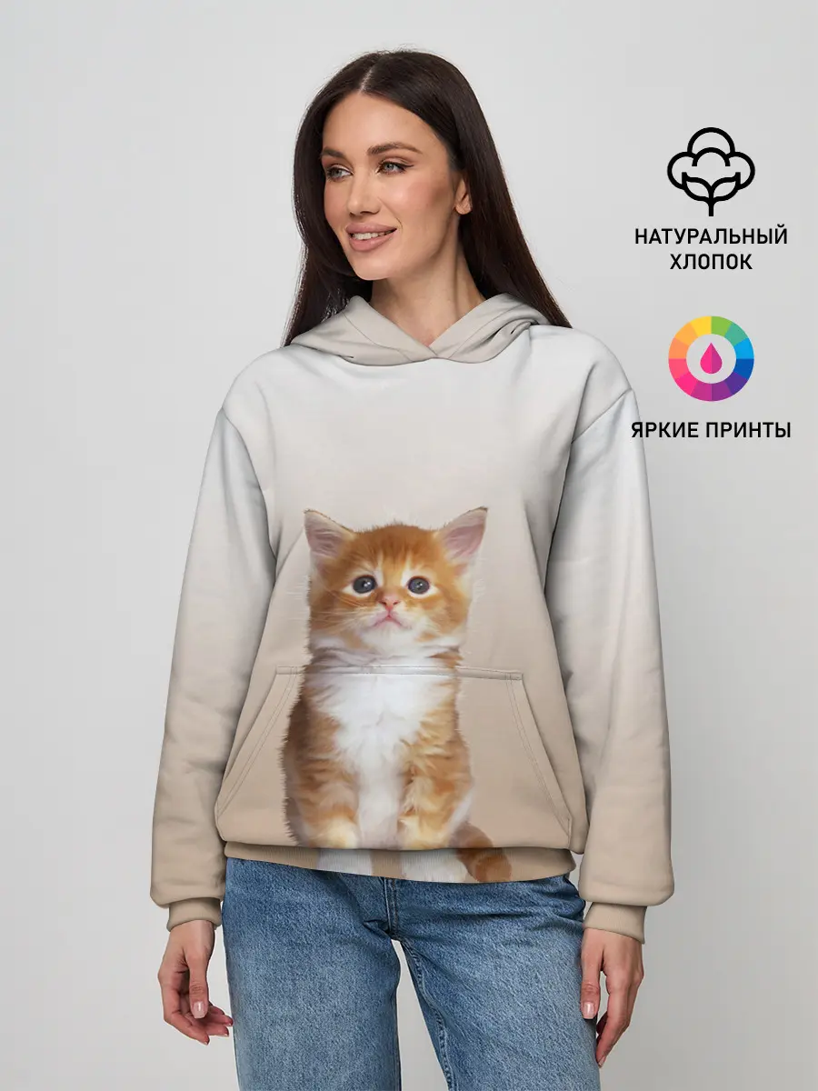 Женское худи / бело-рыжий котенок реализм