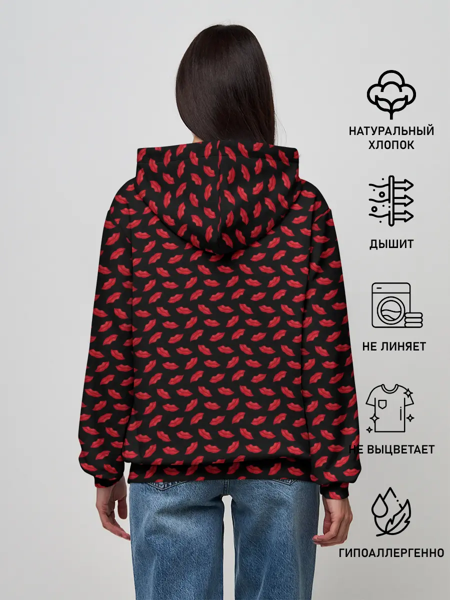 Женское худи / Принт с поцелуями,алые губы