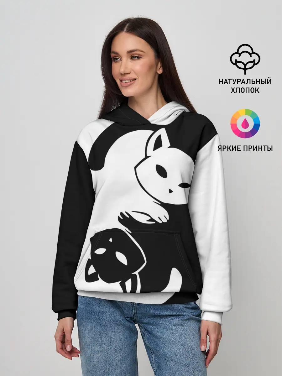 Женское худи / Черный и белый кот кувыркаются.