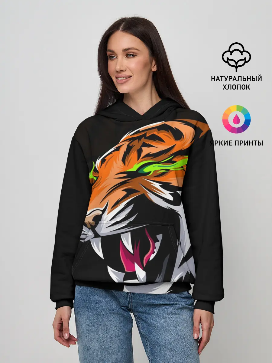 Женское худи / Тигр, с зелеными глазами